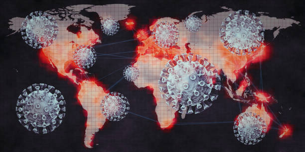 istock Dark World map showing infection spread with coronavirus cells overlay 1218161062