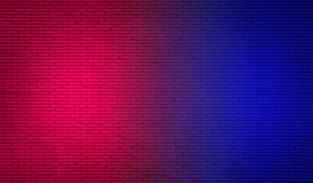 istock Studio dark room with lighting effect red and blue on black brick wall gradient background for interior decoration. 1218161929