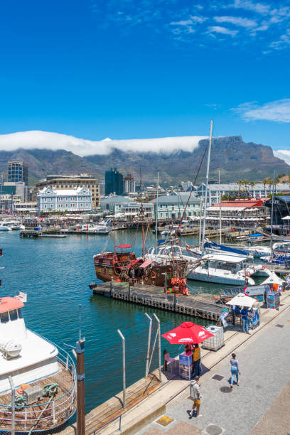 Cape Town, South Africa - January 29, 2020: Table Mountain at the Victoria & Alfred Waterfront. Copy space for text. Vertical