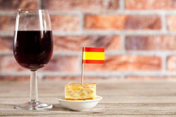 istock Spanish omelette brochette with spanish flag and red wine 1218163931