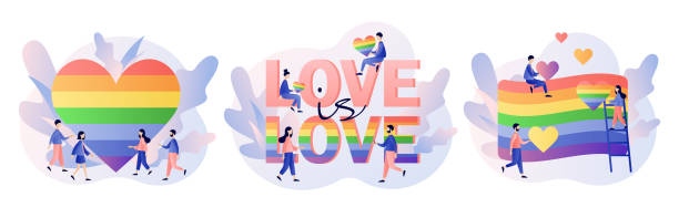 ilustrações, clipart, desenhos animados e ícones de conceito de movimento lgbt. amor é amor. pessoas minúsculas com bandeira sinuosa e corações. desfile do amor. estilo moderno de desenho animado plano. ilustração vetorial em fundo branco - bi sexual illustrations