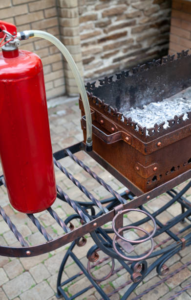 istock Red fire extinguisher stands on metal barbecue 1218170385
