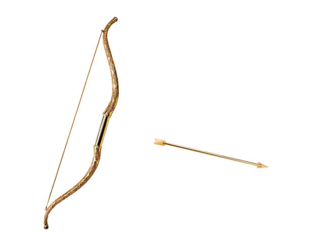 Golden bow and arrow Golden Cupid bow with arrow shot out, isolated on white background bow and arrow photos stock pictures, royalty-free photos & images