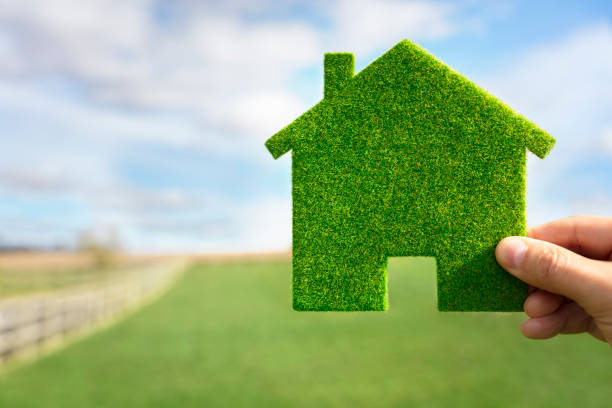 istock Green ecological house in empty field 1218172874