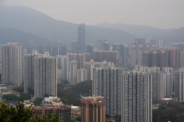Panoramic view of Tsuen Wan with the Nina Tower, a twin tower of 80-storey and 42-storey high-rise building, height 319.8 mt. in Hong Kong