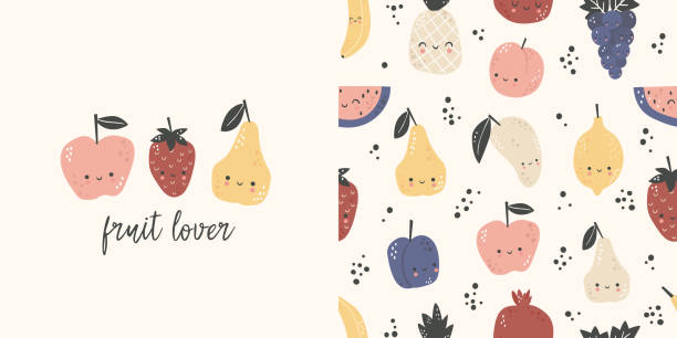 ilustraciones, imágenes clip art, dibujos animados e iconos de stock de amante de la fruta. diseño de camiseta y patrón sin costuras para los niños - child preschool backgrounds baby