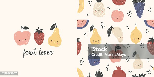 istock Fruit lover. T-shirt design and seamless pattern for kids 1218173857