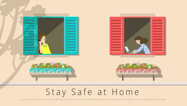 Vector illustration of People staying at home in apartment building, open windows show neighbors working on computer and talking on phone. work from home