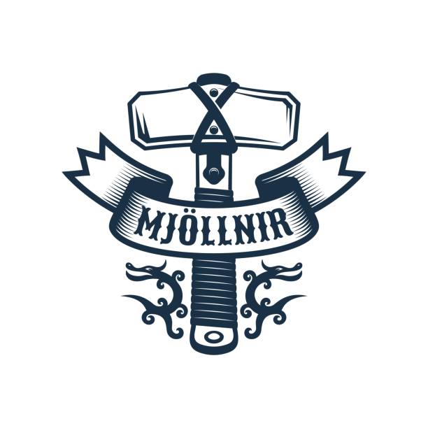 illustrazioni stock, clip art, cartoni animati e icone di tendenza di logo viking mjollnir - thunderstorm hammer scandinavian culture god