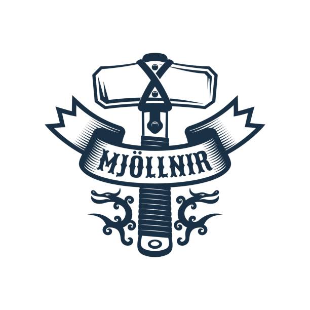 ilustrações, clipart, desenhos animados e ícones de logotipo viking mjollnir - thunderstorm hammer scandinavian culture god