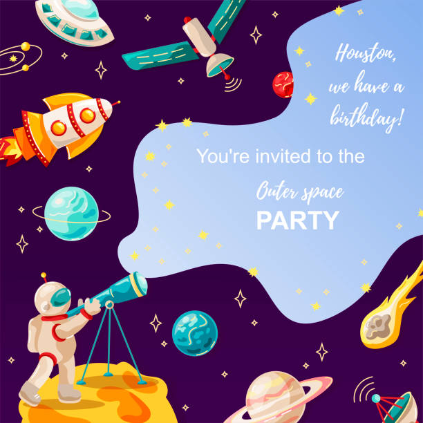 Space backdrop with palnets, rocket, austronaut. Space backdrop with palnets, rocket, austronaut. Great for outer space party invitation, baby shower, birthday, education banner, astronomy poster. Vector illustration. Flat cartoon style design. astronaut borders stock illustrations