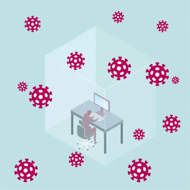 Vector illustration of The virus spread. Self-isolation. Businessman office in isolated space.