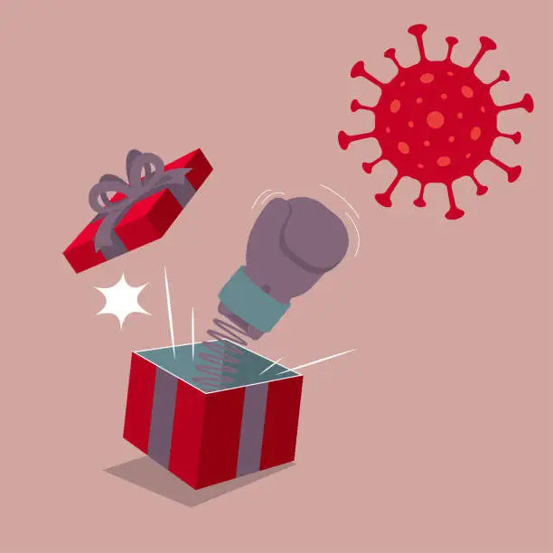 Vector illustration of Fist sticks out of the gift box and hits COVID-19.