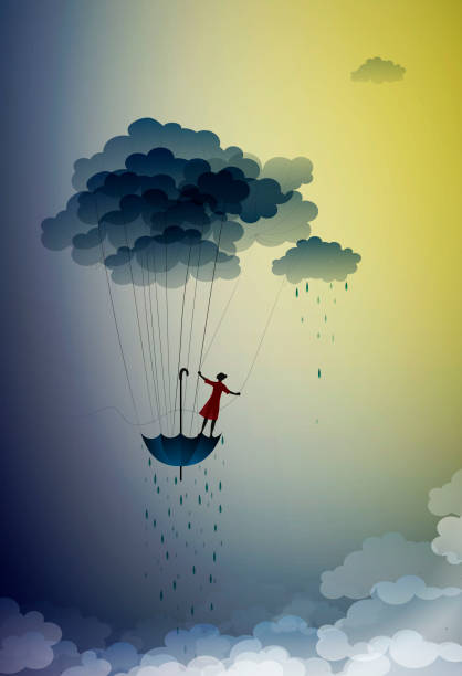 istock bring the dreaming rain, dream concept, girl silhouette flying on the air with clouds with umbrella and bringing the rain the sky, dreamer, flight to the rain dreamland, shadow story 1218187693