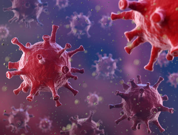 Virus cells under the microscope Under the microscope image of virus cells, Covid-19, Corona virus, flu, HIV and bacteria look alike. Render with realistic depth of field. copy space retrovirus stock pictures, royalty-free photos & images