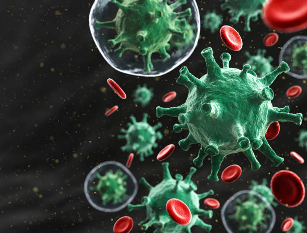 virus cells mixed with red blood cells - bloodstream imagens e fotografias de stock