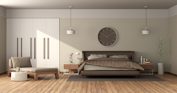 Modern master bedroom with leather double bed, daybed and built-in wardrobe - 3d rendering
Note: the room does not exist in reality, Property model is not necessary