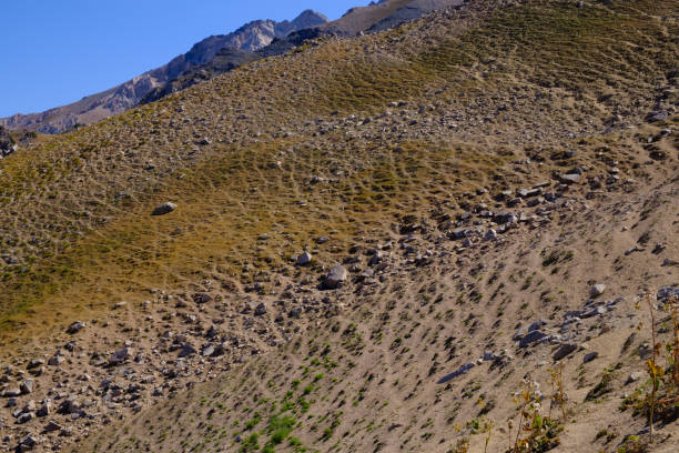 Sandy mountain slope with rocks. stock photo
