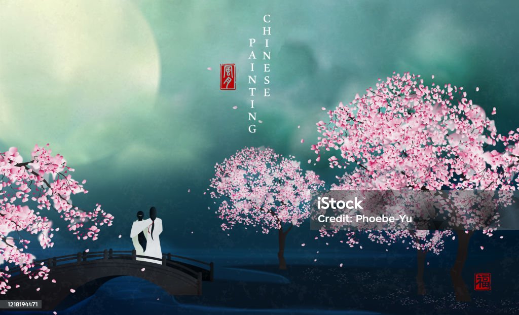 Vetores de Pintura Chinesa De Pintura De Arte De Fundo Elegante Vista  Paisagística Dos Amantes Apreciando A Lua E A Árvore De Flores Em Uma Ponte  À Noite Tradução Em Chinês Wind