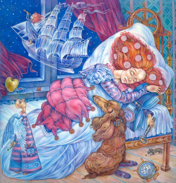 Childhood Dreams A picture of a sleeping girl, her dog, her dream and an angel. Oil painting dandelion clock stock illustrations