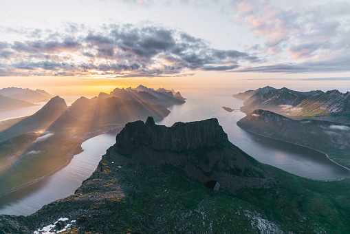 Scenic view on Senja Island from mountains at sunset