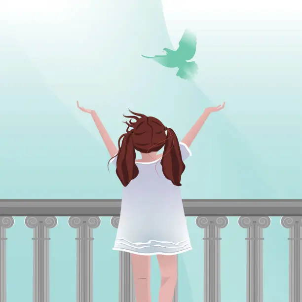 Vector illustration of A little girl stretches her hands to the sky. Peace and freedom sign. Dream of freedom