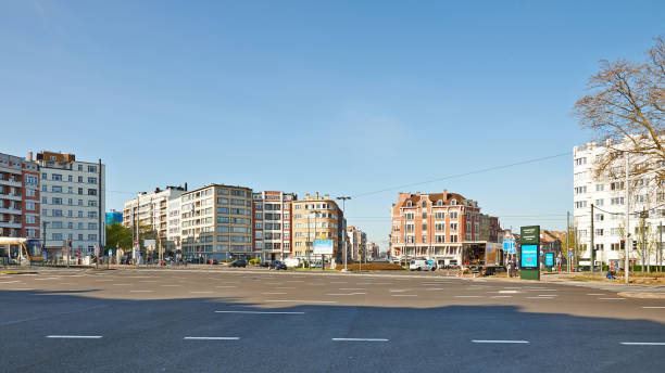 Brussels, Belgium - April 07, 2020: The Meiser square at Brussels without any people and car during the confinement period.