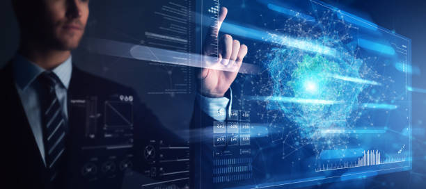 istock Futuristic Technology abstract background with business person hand touching virtual circular infographic on virtual screen with copy-space, innovation, network, big data and internet concept 1218201451