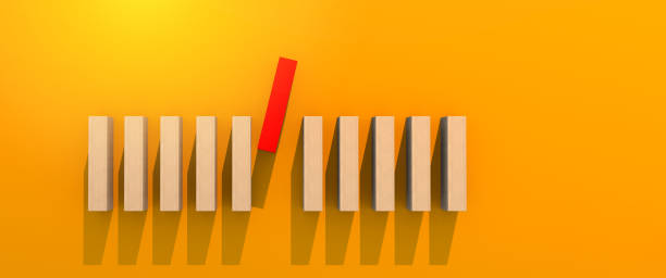 istock 3D illustration creativity ideas concept with wooden block array in row with red one jump of row out standing performance action on orange floor 1218201482