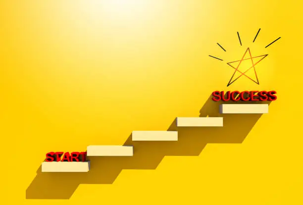 Photo of 3D illustration business success ideas concept with wooden stair with start to success word and shining star fly above on yellow paper background