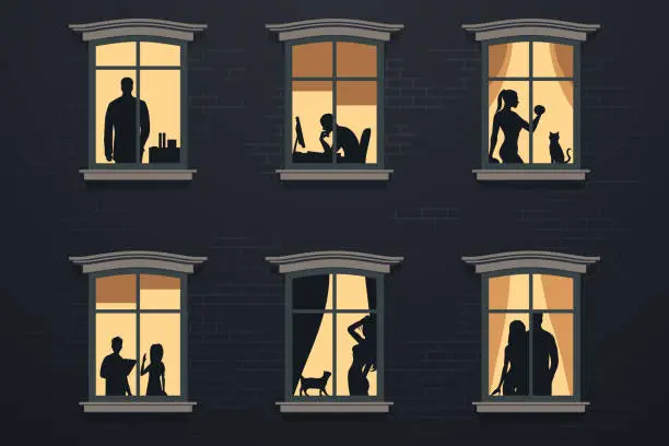 Vector illustration of People in windows at night