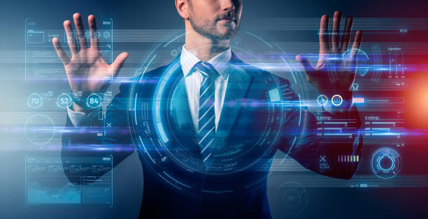 бизнес-инновации бизнесмен формальный костюм ручной контроль виртуального футуристического устройства экрана двойной экспозиции технол� - формальный стоковые фото и изображения