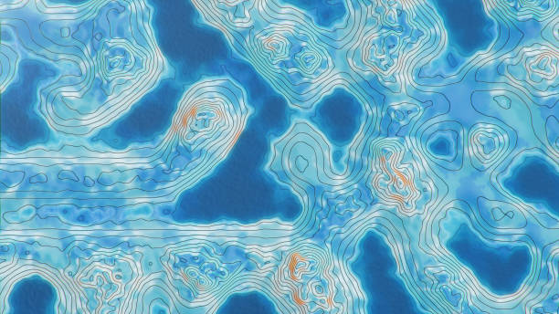 istock Topographic 3D map with water. Contour lines on a topographic map. Studying the geography of the area: hills, mountains and plains. Cartography concept, mountain hiking, 3d illustration 1218207450