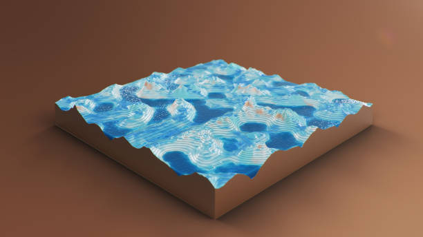istock Cross section topographic 3D map with water. Contour lines on a topographic map. Studying the geography of the area: hills, mountains and plains. Cartography map on brown background, 3d illustration 1218207454