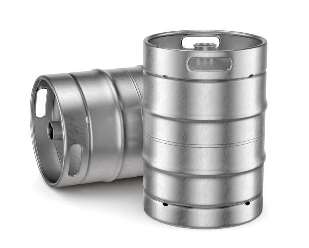 Metal beer kegs isolated on white background Two aluminum beer kegs with red lid isolated on white background. 3D illustration drum container stock pictures, royalty-free photos & images