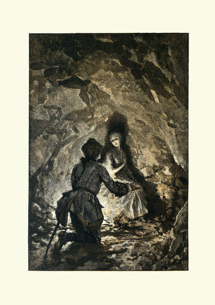 istock Hero and heroine sheltering in a cave, 18th Century romance 1218208784