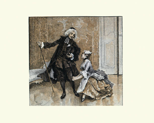 Vintage engraving of a scene from A la Sainte-Luce, Comedie en un act par Quatrelles (At Sainte-Luce, Comedy in one act by Quatrelles). Woman pleading for help from a clergyman, French, 18th Century