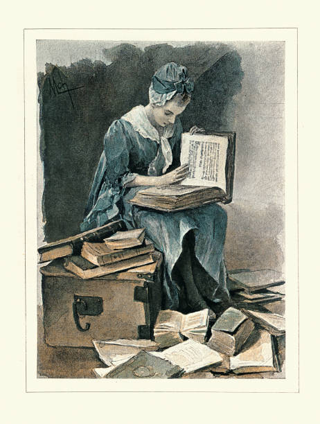 молодая женщина, читаювшая большую антикварную книгу xviii века - стиль 18 века stock illustrations