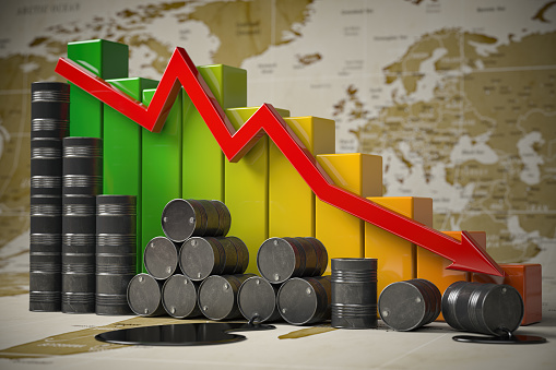 Crisis in oil and petroleum ndustry. Oil barrels and falling graph on world map background. Oil price or production decrease concept. 3d illustration\n Texture of the Map of the World was created me in Adobe Illustration.\nSource of map: http://visibleearth.nasa.gov/view.php?id=73801