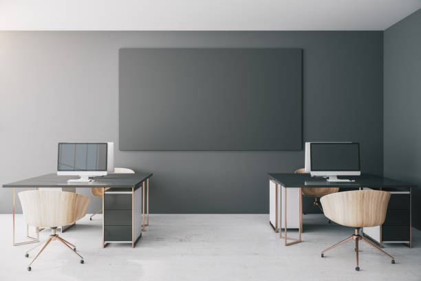 istock Minimalistic coworking office interior with banner 1218215028