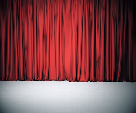 Open red velvet stage curtains on white background. 3D illustration