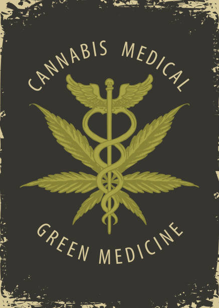 banner for medical marijuana with cannabis leaf Vector banner for Medical marijuana. Illustration with hemp leaf, Caduceus and calligraphic inscription in retro style. Medical cannabis. Smoke weed. Natural product of organic hemp caduceus medical symbol backgrounds stock illustrations