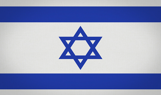 Israeli flag background. Fabric texture flag.