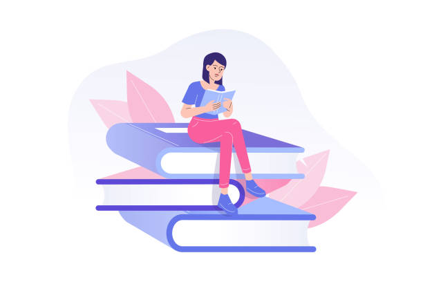 Young woman or girl reading a book sitting on huge books. Studying or preparing for examinations. Literature fans or lovers concept. Book festival, fair or students education. Vector illustration vector art illustration