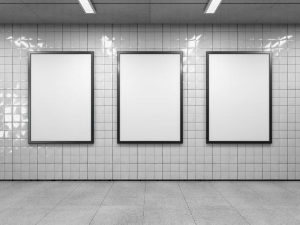 Three empty billboard. Three blank poster in public place. Vertical light box mockup on subway station. 3D rendering. poster stock pictures, royalty-free photos & images