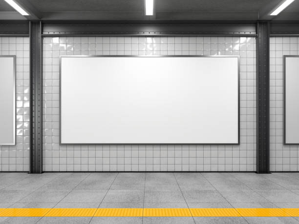 White empty billboard. Blank horizontal big poster in public place. Billboard mockup on subway station. 3D rendering. subway platform stock pictures, royalty-free photos & images