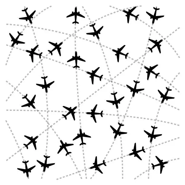 Vector illustration of many airplanes air traffic