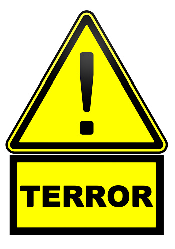 Warning sign with exclamation point and black word TERROR. Isolated. 3D illustration