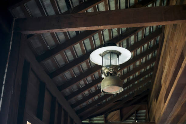 istock Old rustic lantern is hanging on wooden roof 1218226801