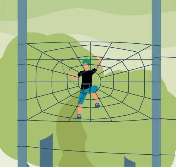 Vector illustration of Cartoon man climbing spider web in outdoor rope park
